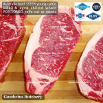 Beef Sirloin AGED BY GOODWINS Australia STEER young cattle (Striploin / New York Strip / Has Luar) frozen brand Harvey/Midfield STEAK 2cm 3/4" (price/pack kg 4-5pcs)